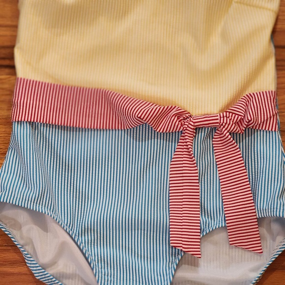 Lands End Turquoise/Red/Yellow Striped One Piece Swimsuit 10 - Picture 2 of 4
